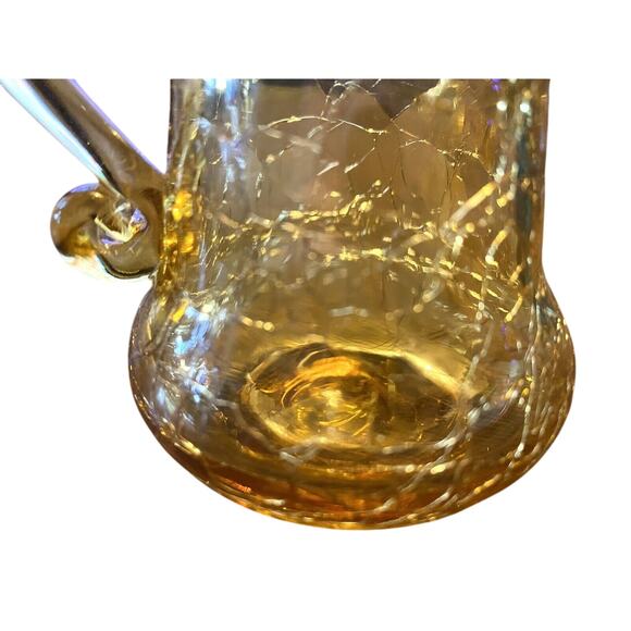 Vintage Amber Crackle Glass Ruffle Top Handled Pitcher Vase Hand-blown MCM - Picture 2 of 6